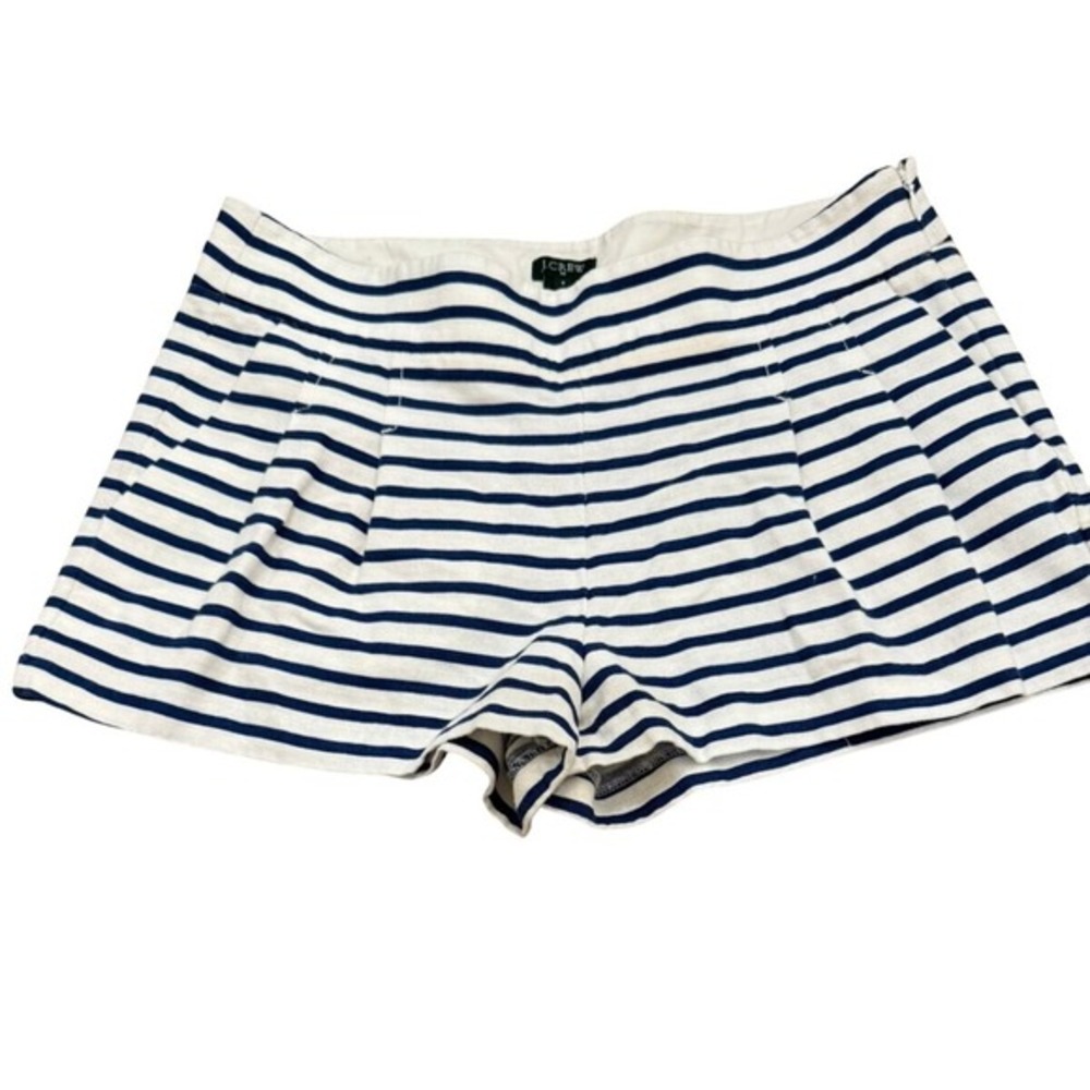 J Crew Size 6 White Navy‎ Stripes Cotton Linen Blend Preppy Beach Pleated Shorts